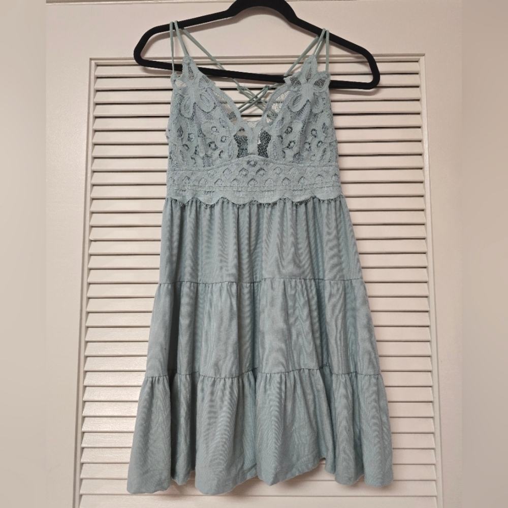 Zenana - Crochet Lace Cross Strap Smocked Back Ruffle Tiered Tunic Top